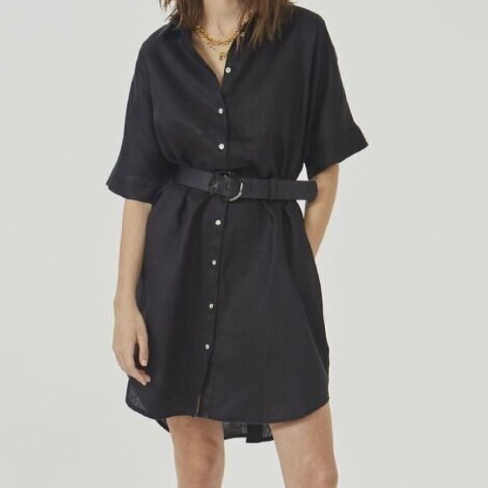 Lanhtropy Women's Size S/M Black Alba Shirt Dress 100% Linen Pockets
